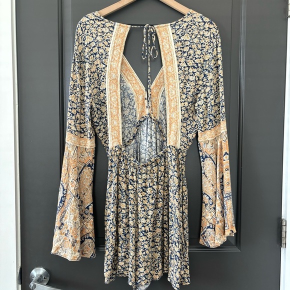 Free People Once Upon a Summertime Bohemian Romper Blue/Gold Floral Size Medium - Picture 11 of 14